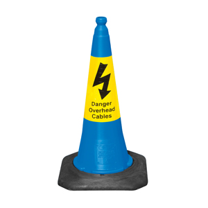 Dominator™ 75cm Blue Traffic Cone- Yellow Sealbrite™ Danger Overhead Cables